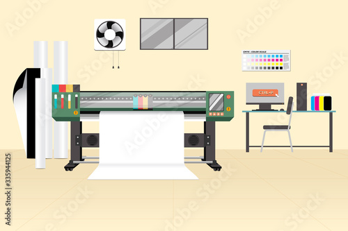 Large format or Wide format printer with media in room. Flat vector design of advertising industrial machine. Editable by layers.