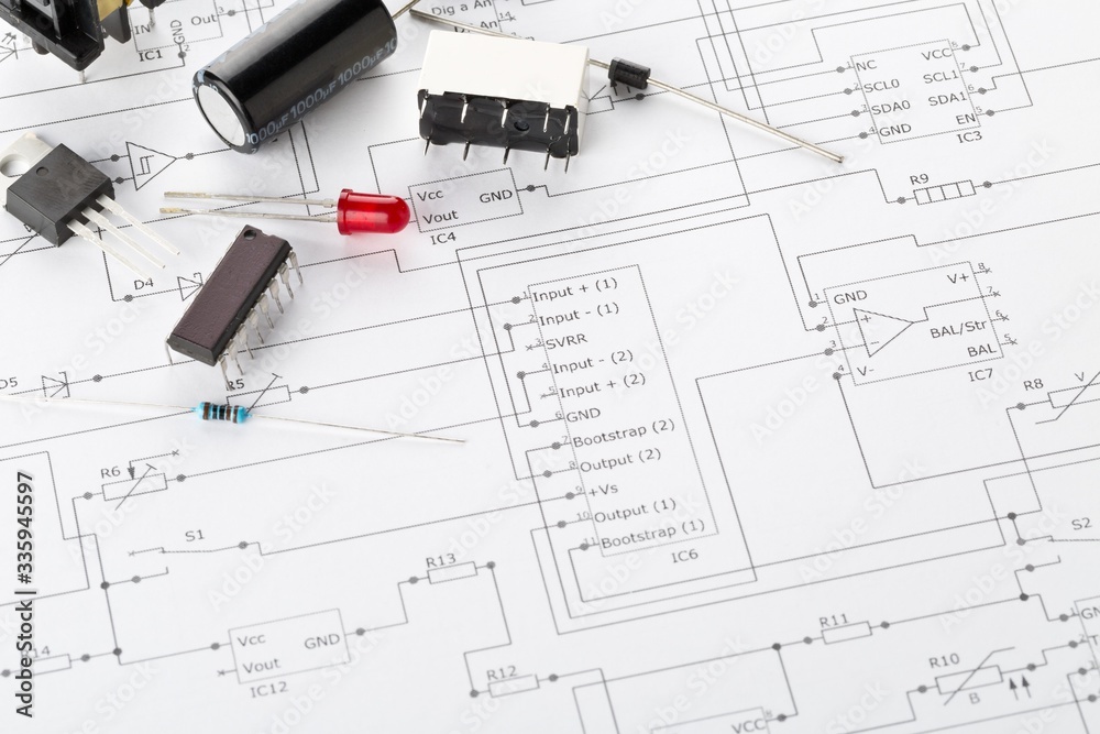Different electronic parts or components on pcb wiring diagram with