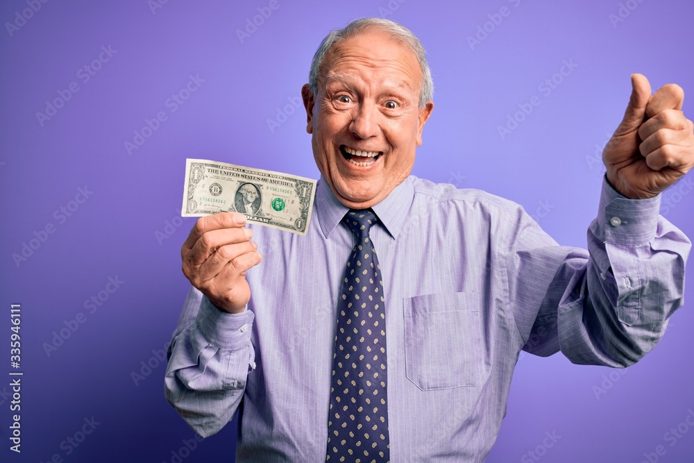 Senior grey haired man holding one dollar bank note over purple background screaming proud and celebrating victory and success very excited, cheering emotion Senior grey haired man holding one dollar bank note over purple background screaming proud and celebrating victory and success very excited, cheering emotion