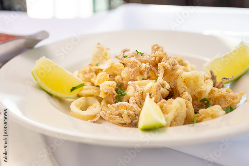 A view of a plate of fried calamari, in a restaurant or kitchen setting.