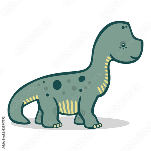 Vector drawing of a smiling cute blue long necked dinosaur isolated on a white background. Drawn in a cute children friendly style with simple lines and flat colors.