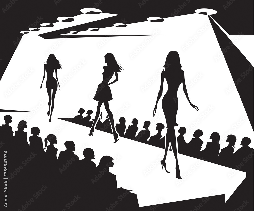 Runway models on fashion show in black and white – vector illustration ...