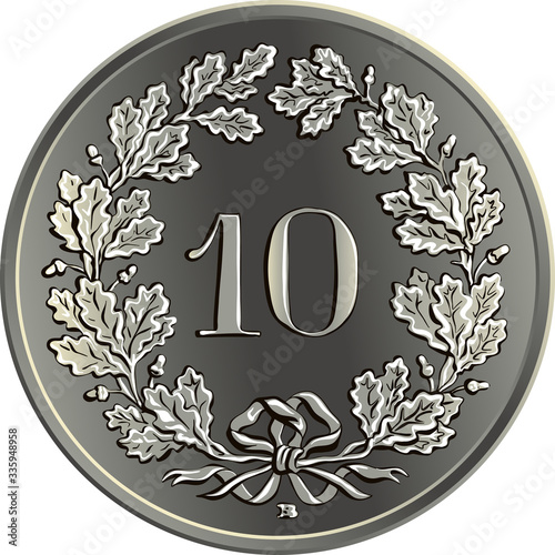 Reverse of 10 centimes coin Swiss franc with 10 in wreath of gentian, official coin in Switzerland and Liechtenstein