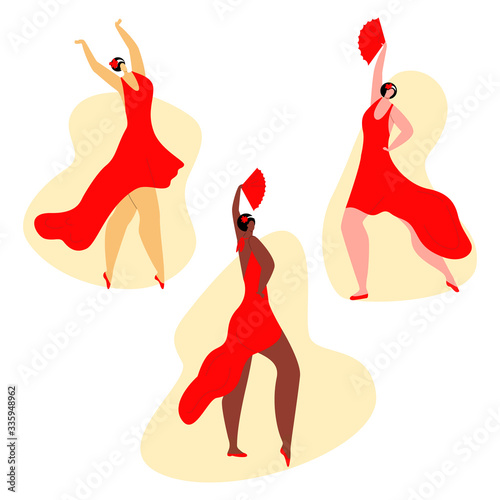 Vector flat set young, attractive women of different skin colors, nationalities performing the Habanera dance. Concept passionate feelings in art dance, rhythm. It can be used in banners, posters etc.