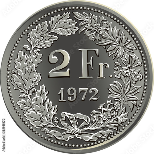 Reverse of 2 Swiss franc silver coin with 2 Fr and year in wreath of oak leaves and gentian, official coin in Switzerland