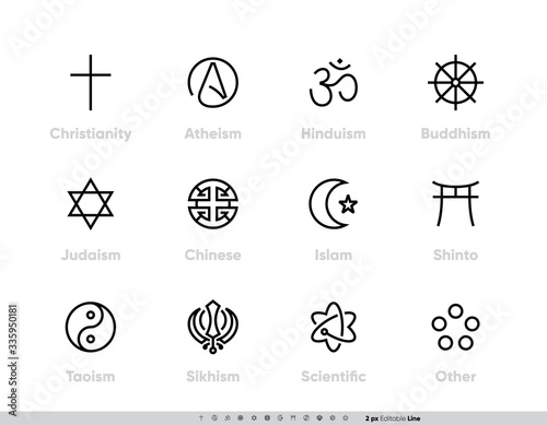 Religious Tradition Symbols set. Christianity, Atheism, Hinduism, Buddhism, Judaism, Chinese, Islam, Shinto, Taoism, Sikhism, Scientific and other. Editable Line Stroke. One Style Vector