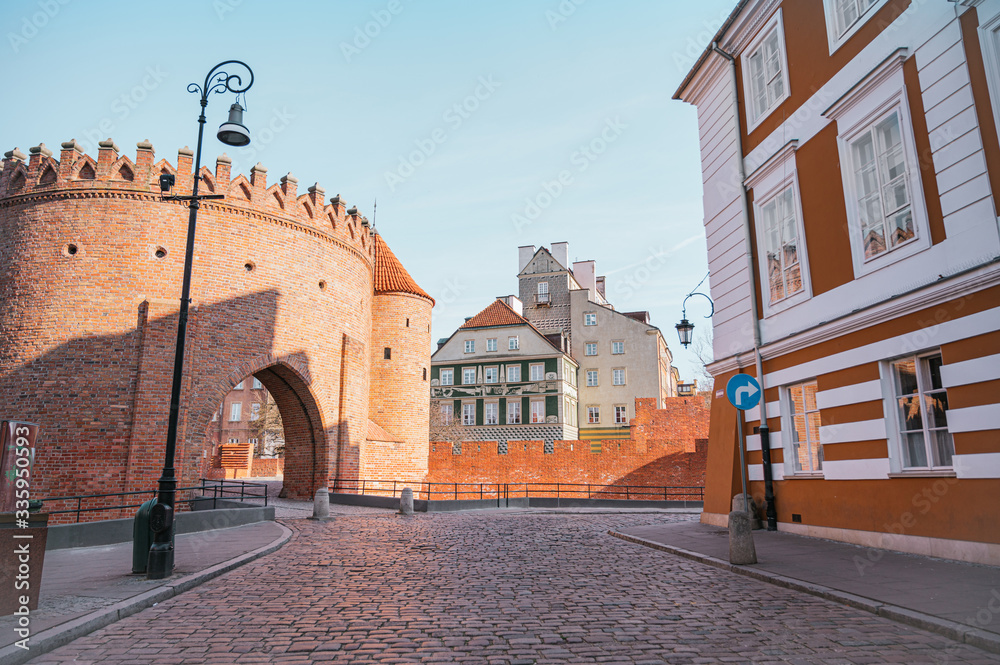 Barbican of Warsaw in the old town. Medieval fortress in Poland.