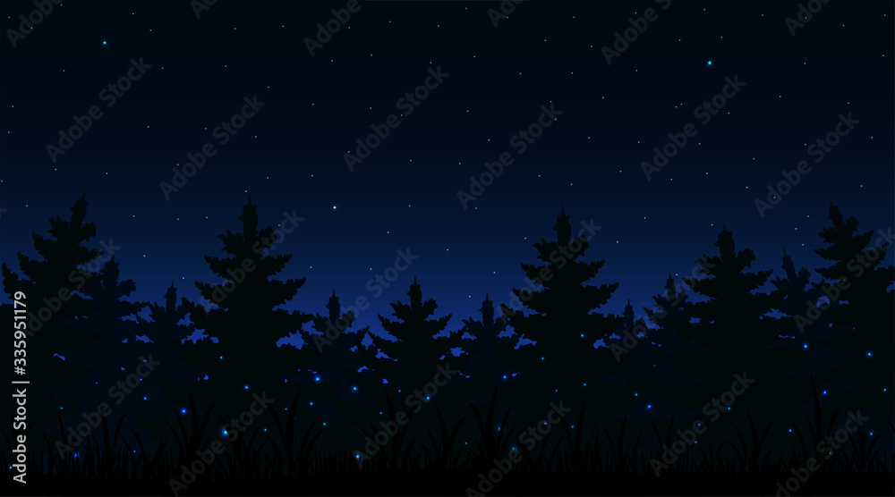 Night forest background with fireflies of dimly lit.