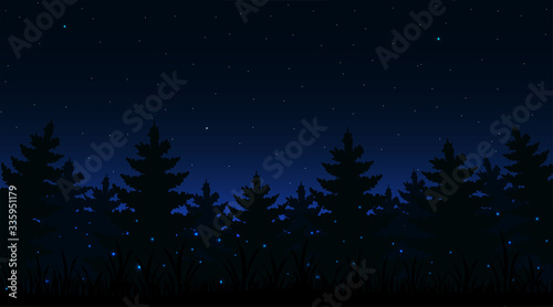 Night forest background with fireflies of dimly lit.