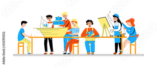 Vector flat children s Amateur activities at common table. They make sculptures out clay, draw, sew, assemble ships constructor according to scheme. Concept teaching children creativity, development.