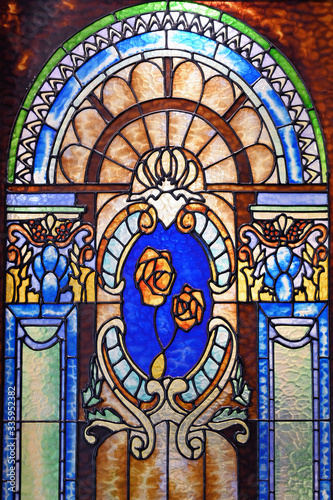 Close-up of stained glass in the church window