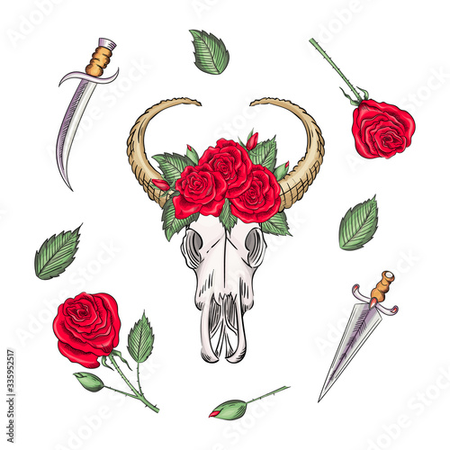 Bohemian vector western mystical ox skull, print rose flowers and knives. buffalo bohemian head, western vintage animal.