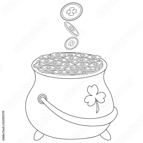 Pot of leprechaun gold. Sketch. Coins fall into the pot. Money with clover emblem. Vector illustration. Coloring book. Outline on an isolated background. Decoration for Saint Patrick day. 