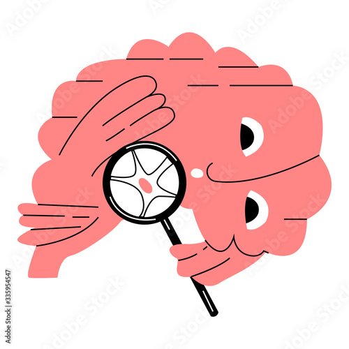 Vector flat abstract animated brain that uses magnifying glass examine, diagnose itself. Here is enlarged neuron. Concept diagnostics in neurology, histology, psychiatry, psychoanalysis, self analysis