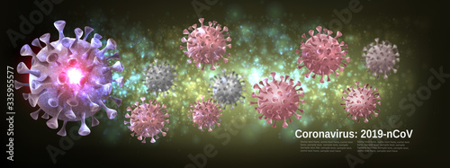 Coranavirus panorama. Background with virus COVID - 19 molecules. Vector illustration