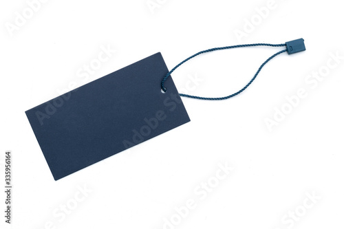 Navy blue price tag on white background.