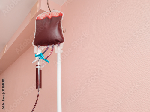 Blood transfusion. Blood bag on a rack. Photo and copy space photo