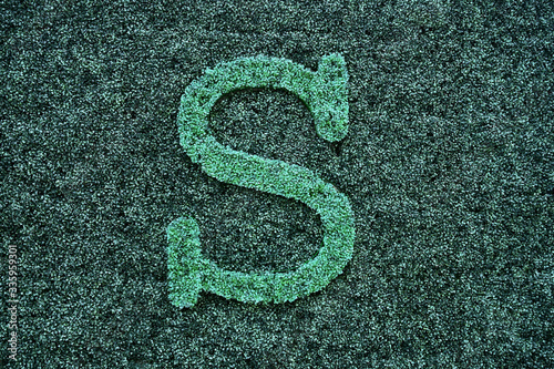 Letter symbols on green artificial lawn