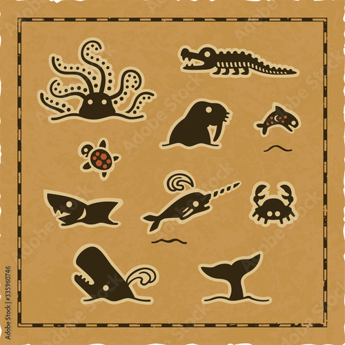 Vector set of sea creatures on a worn parchment background with a frame. Includes an octopus (or Kraken), a crocodile, a turtle, a walrus, a jumping fish, a shark, a whale, a crab and a narwhal.