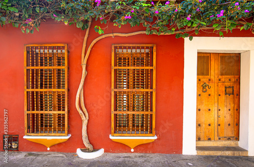 Colombia, Scenic colorful streets of Cartagena in historic Getsemani district near Walled City (Ciudad Amurallada) photo