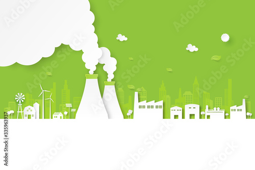 Green industry and clean energy on eco friendly cityscape background.Paper art of ecology and environment concept.Vector illustration.