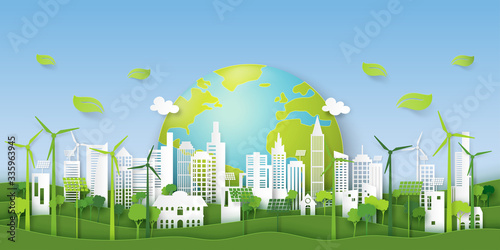 Green eco city on natural background.Ecology and environment conservation resource sustainable concept.Vector illustration.