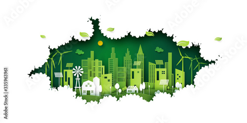 Ecology concept with green eco city on nature background.Environment conservation resource sustainable.Vector illustration.