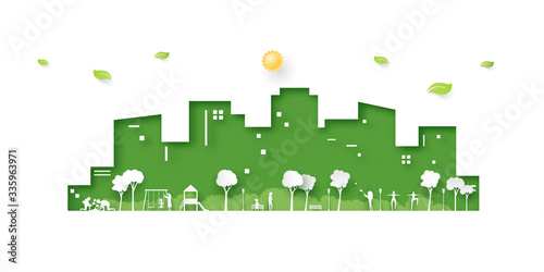 Human activities at the park on cityscape background.Ecology and Environment concept paper art style.Vector illustration.