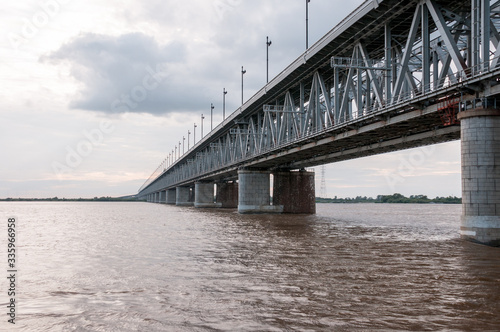 Russia  Khabarovsk  August 2019  Road bridge on the Amur river in the city of Khabarovsk in the summer