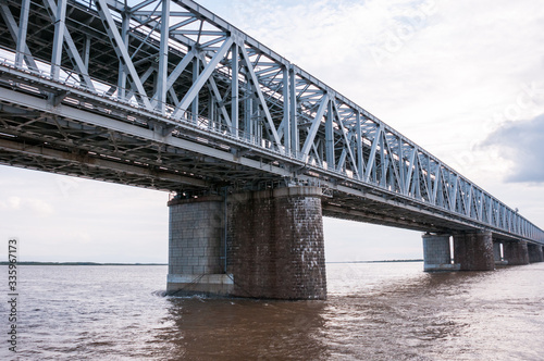 Russia, Khabarovsk, August 2019: Road bridge on the Amur river in the city of Khabarovsk in the summer