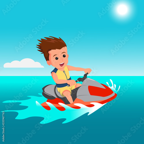 happy cartoon boy riding jetski in flat color