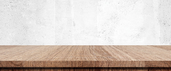 Wood table and white wall background in kitchen, Wooden shelf, counter for food and product display in room background, Wood table top, desk surface banner, mockup, template