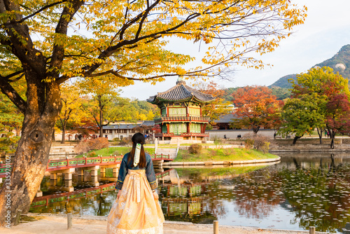 Korean girls national dressat Gyeongbokgung Palace Seoul,South Korea.
