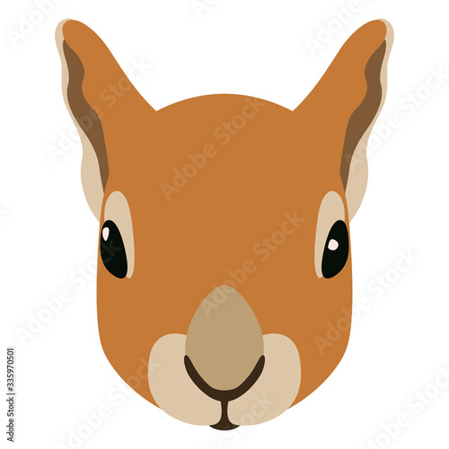 Stylized face of a red squirrel. Rodent mask template. Flat cartoon style. Isolated vector illustration.