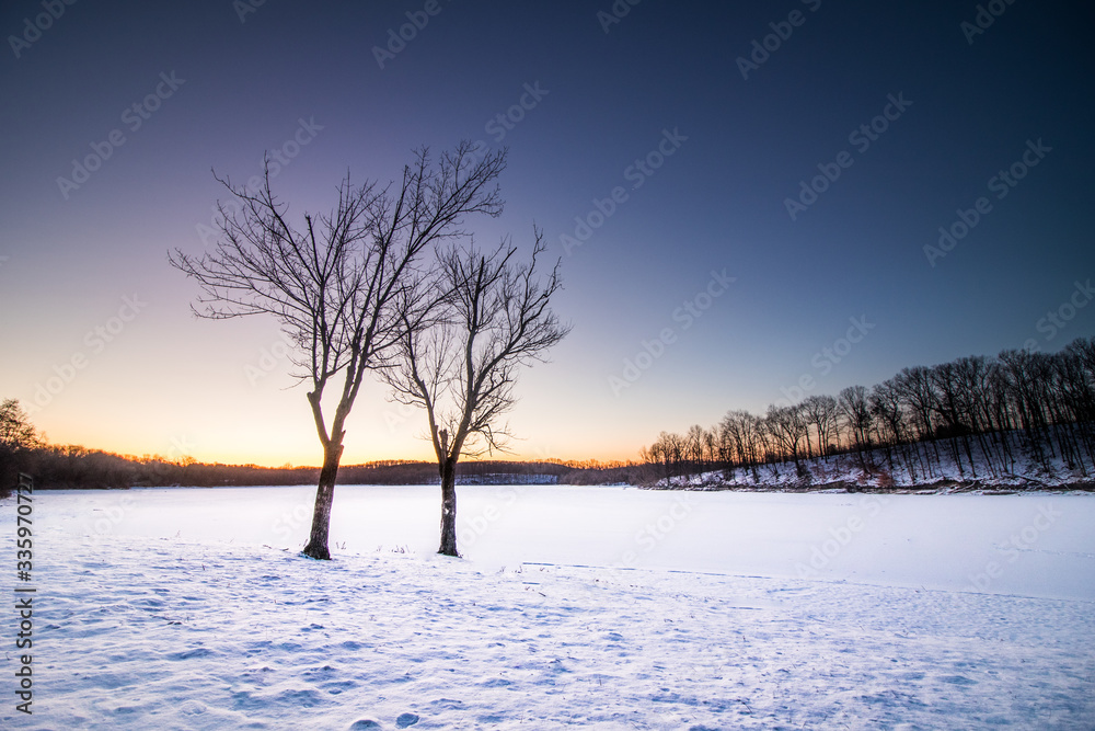 Two bare trees stand alone in the pre-dawn next to a snow-covered and frozen Pennsylvania  lake in winter