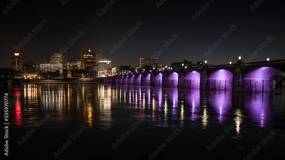 Lights from across the river at Harrisburg, PA from City Island at night in winter