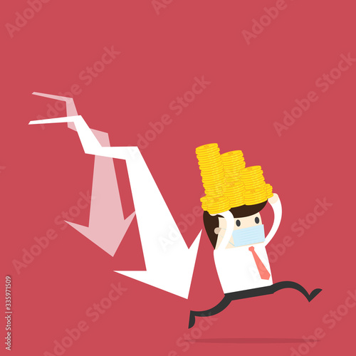 Businessman hold money run away from stock down graph,stock crisis concept.