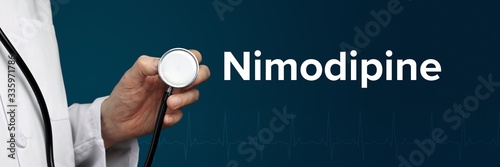 Nimodipine. Doctor in smock holds stethoscope. The word Nimodipine is next to it. Symbol of medicine, illness, health photo