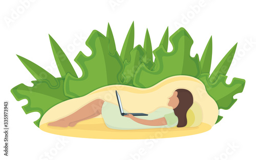 Woman lie floor with laptop in arms, leaf background, female character rest, relax. Isolated on white, flat vector illustration.