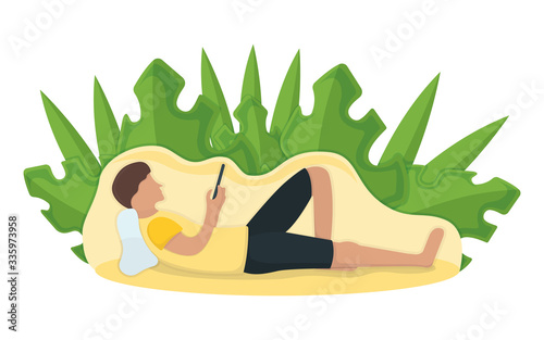 Man lie floor with gadget tablet in arms, leaf background, male character rest, relax. Isolated on white, flat vector illustration.