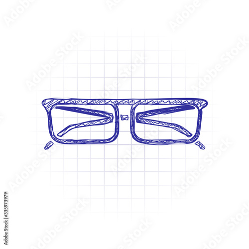 eyeglasses icon. Hand drawn sketched picture with scribble fill. Blue ink. Doodle on white background