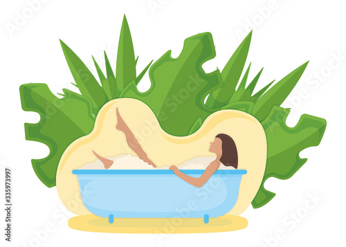 Character female lie bathroom with leaf background, washroom foam, relaxing bath isolated on white, flat vector illustration.
