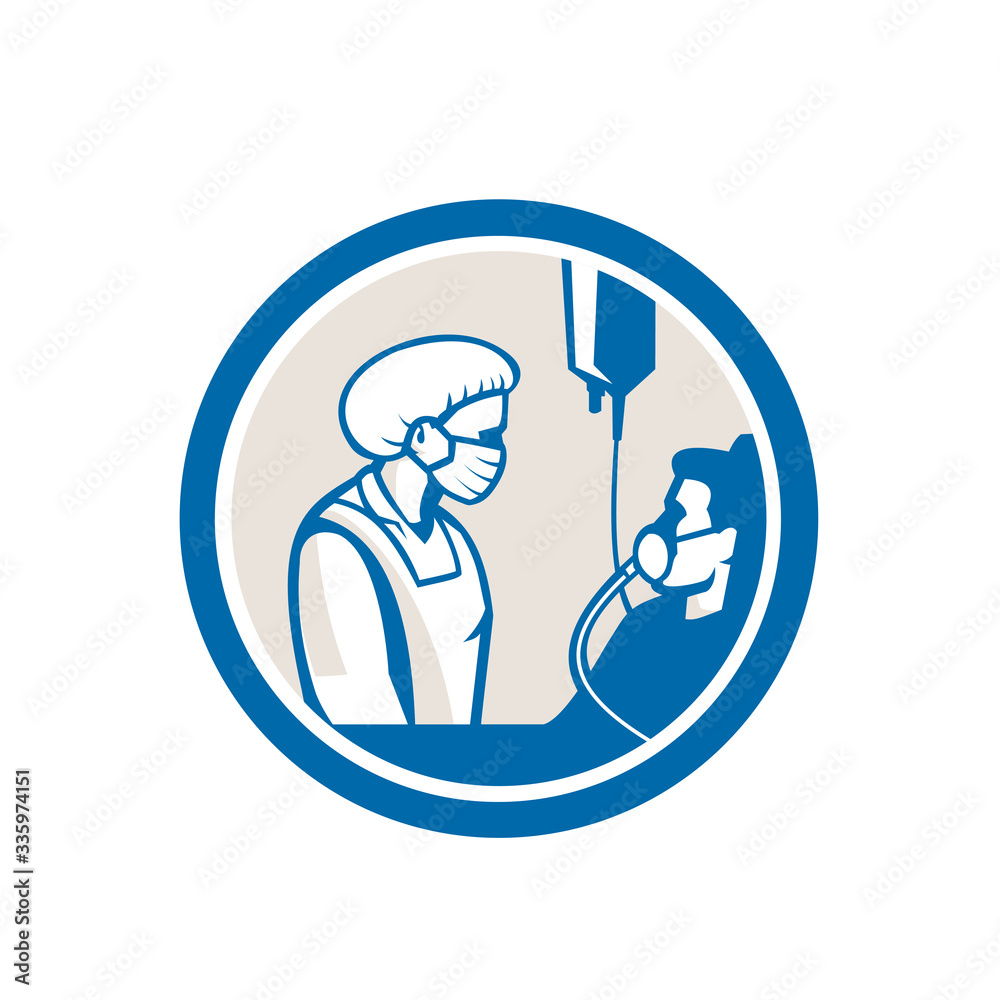 Illustration of a doctor or nurse wearing a surgical mask tending a sick and highly infectious and contagious patient in bed with iv intravenous drip in background set in circle done in retro style. Illustration of a doctor or nurse wearing a surgical mask tending a sick and highly infectious and contagious patient in bed with iv intravenous drip in background set in circle done in retro style.