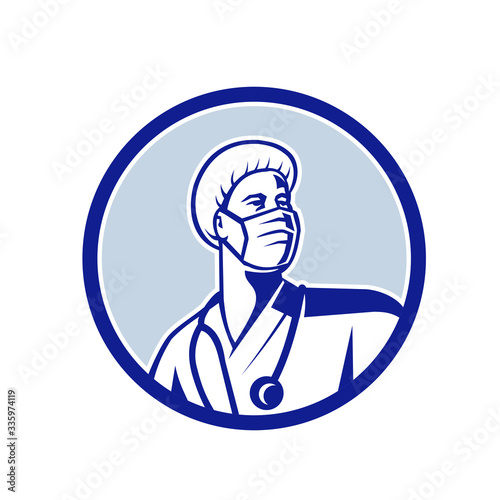 Mascot icon illustration of a medical doctor, nurse, healthcare professional or essential worker wearing a surgical mask and bouffant scrub cap looking to side set in circle done in retro style.