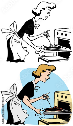 A cartoon of a woman cooking steak in her oven in her kitchen. 