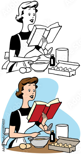 A cartoon of a woman reading a recipe book while baking in her kitchen. 