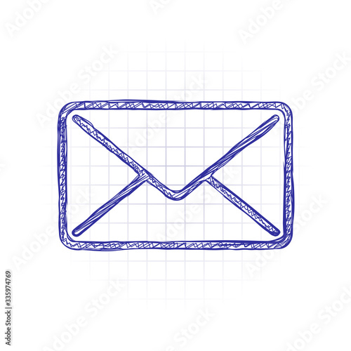 mail close icon. Hand drawn sketched picture with scribble fill. Blue ink. Doodle on white background