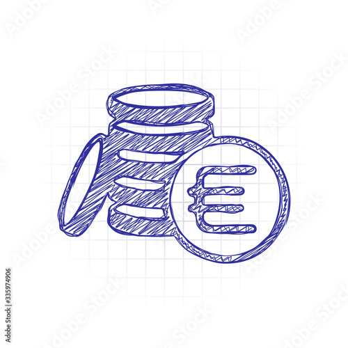 money coins euro icon. Hand drawn sketched picture with scribble fill. Blue ink. Doodle on white background