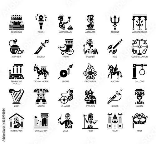 Set of ancient greece thin line and pixel perfect icons for any web and app project.