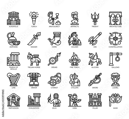 Set of ancient greece thin line and pixel perfect icons for any web and app project.